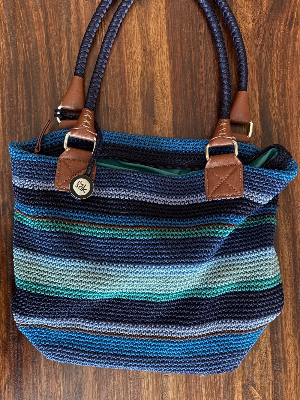 The Sak Striped Crochet Tote Bag in Navy & Teal